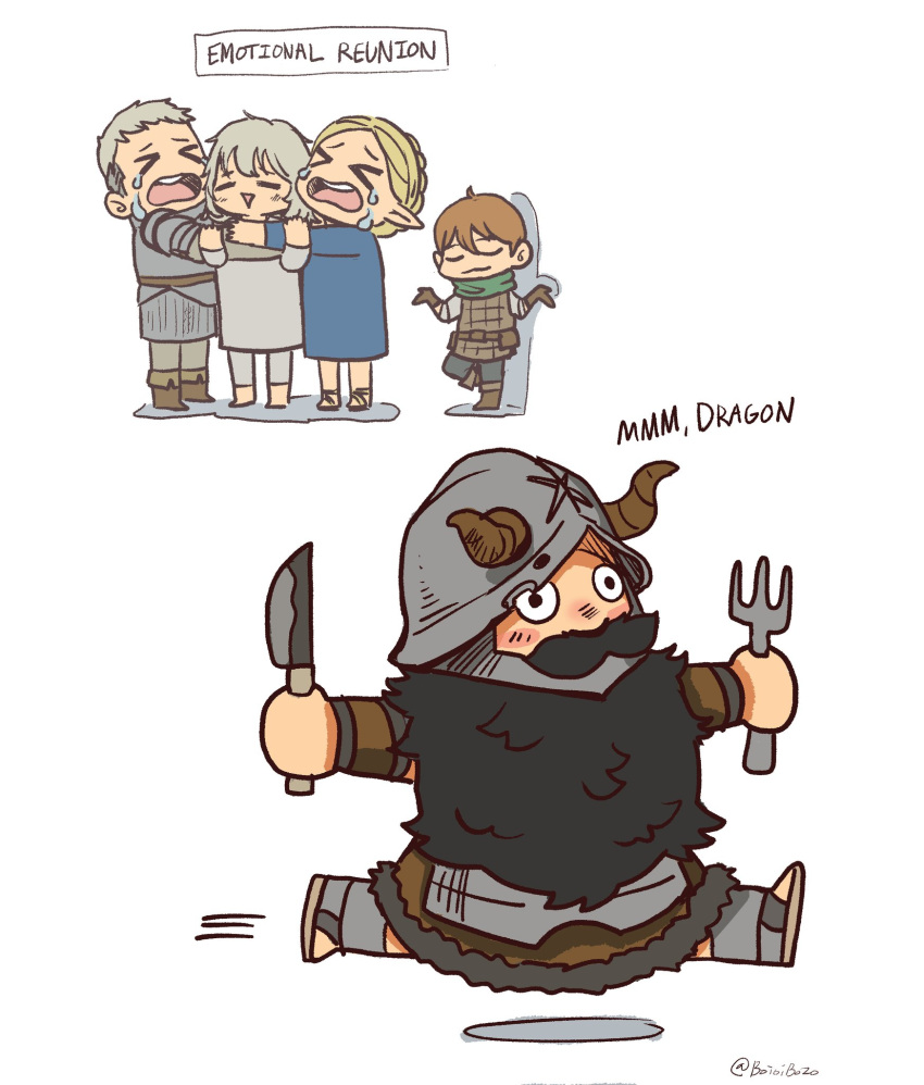 &gt;_&lt; 1boy 2girls 3boys against_wall armor beard black_hair blonde_hair bob_cut boioibozo boots braid brother_and_sister brown_gloves brown_hair chibi chilchuck_tims closed_eyes closed_mouth contrast covered_mouth crying dungeon_meshi dwarf elf english_commentary english_text facial_hair fake_horns falin_touden fork french_braid gloves green_scarf grey_hair group_hug halfling hands_up helmet highres holding holding_fork holding_knife horned_helmet horns hug knife laios_touden leather_armor long_beard long_hair looking_ahead marcille_donato multiple_boys multiple_girls mustache open_mouth parted_bangs plate_armor pointy_ears running sandals scarf scene_reference senshi_(dungeon_meshi) shirt short_hair shrugging siblings simple_background standing standing_on_one_leg twitter_username w_arms white_background white_shirt