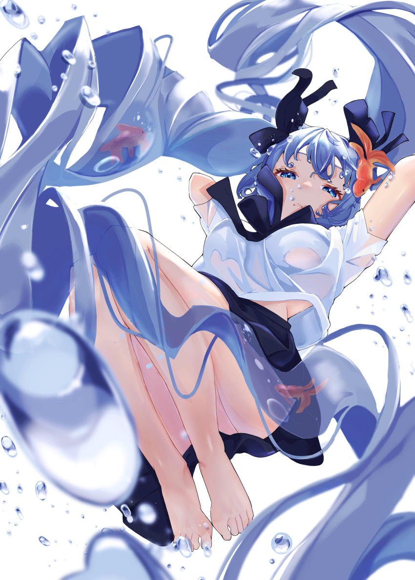 1girl absurdres air_bubble aqua_eyes bare_legs barefoot blue_hair bottle_miku breasts bubble fish goldfish hair_ribbon hatsune_miku highres inubangarou liquid_hair long_hair looking_at_viewer medium_breasts midriff_peek miniskirt ribbon school_uniform serafuku shirt simple_background skirt solo submerged twintails very_long_hair vocaloid water white_background white_shirt