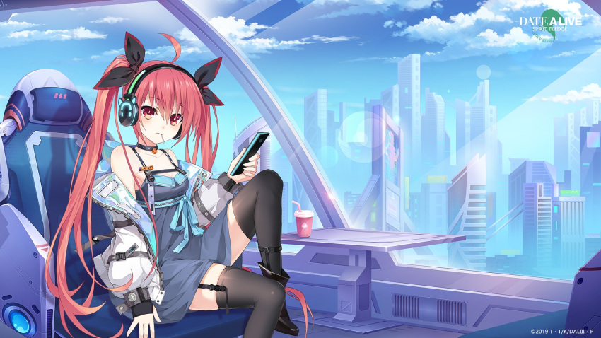 1girl ahoge blue_dress blue_sky breasts building can candy cellphone chair cloud cup date_a_live date_a_live:_spirit_pledge disposable_cup dress drinking_straw food garter_straps headphones highres itsuka_kotori jacket lollipop looking_at_viewer official_alternate_costume official_art phone red_eyes red_hair sitting sky small_breasts smartphone solo twintails white_jacket