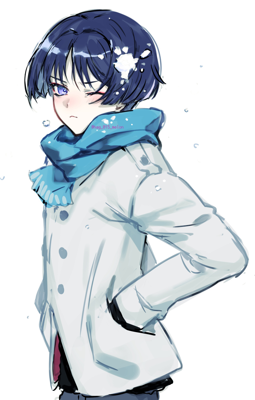 1boy absurdres artist_name blue_hair blue_scarf blunt_ends blush buttons choppy_bangs closed_mouth commentary_request dark_blue_hair eyeshadow frown genshin_impact hag_(hag_015) hair_between_eyes hands_in_pockets highres jacket long_sleeves looking_at_viewer looking_to_the_side makeup male_focus one_eye_closed parted_bangs purple_eyes red_eyeshadow scaramouche_(genshin_impact) scarf short_hair simple_background snow snowing solo standing twitter_username v-shaped_eyebrows wanderer_(genshin_impact) white_background white_jacket