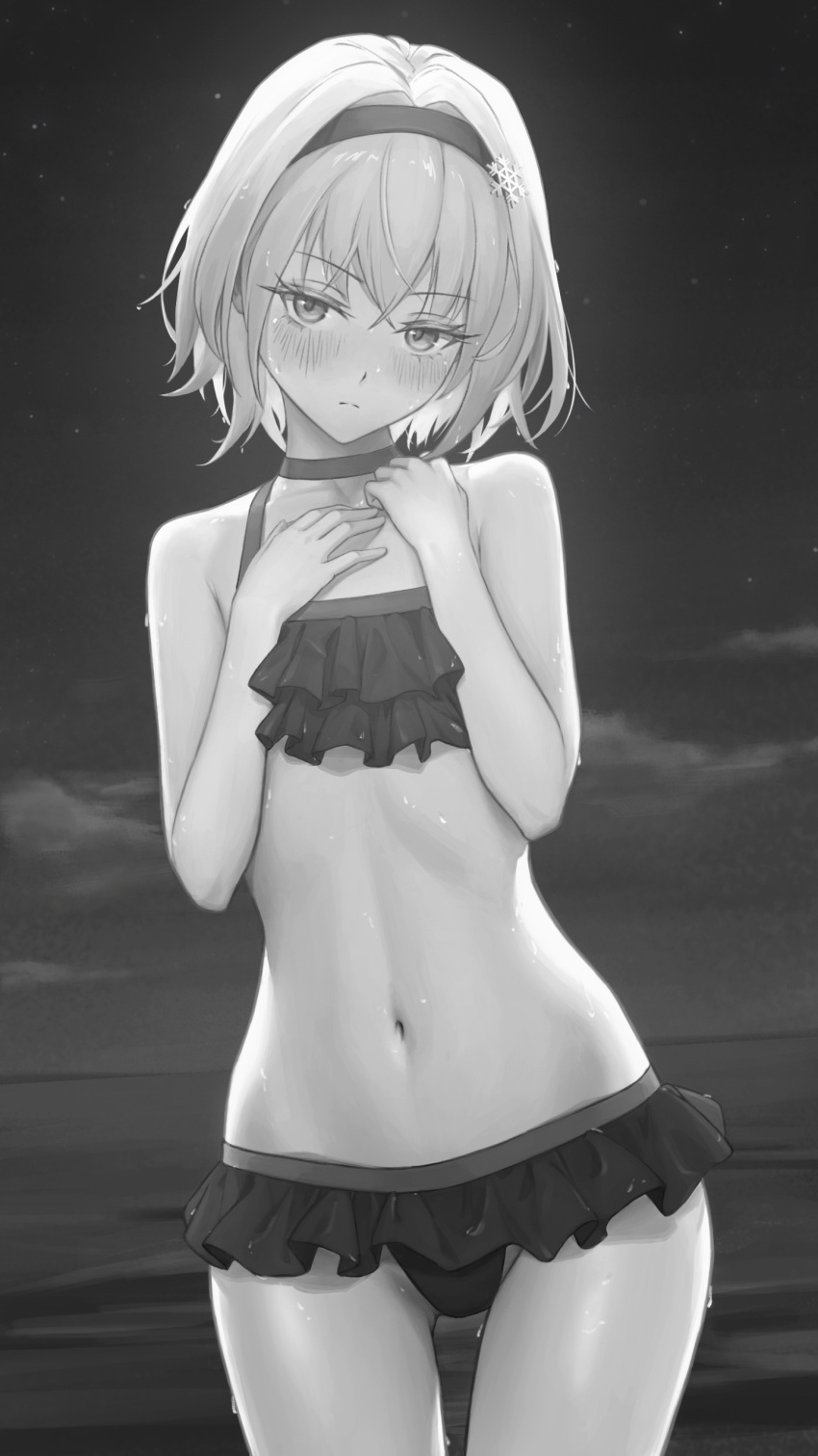 1girl absurdres breasts embarrassed exhibitionism frills hair_ornament hairclip highres monochrome ocean public_indecency ryuuou_no_oshigoto! small_breasts solo sora_ginko swimsuit vivid507