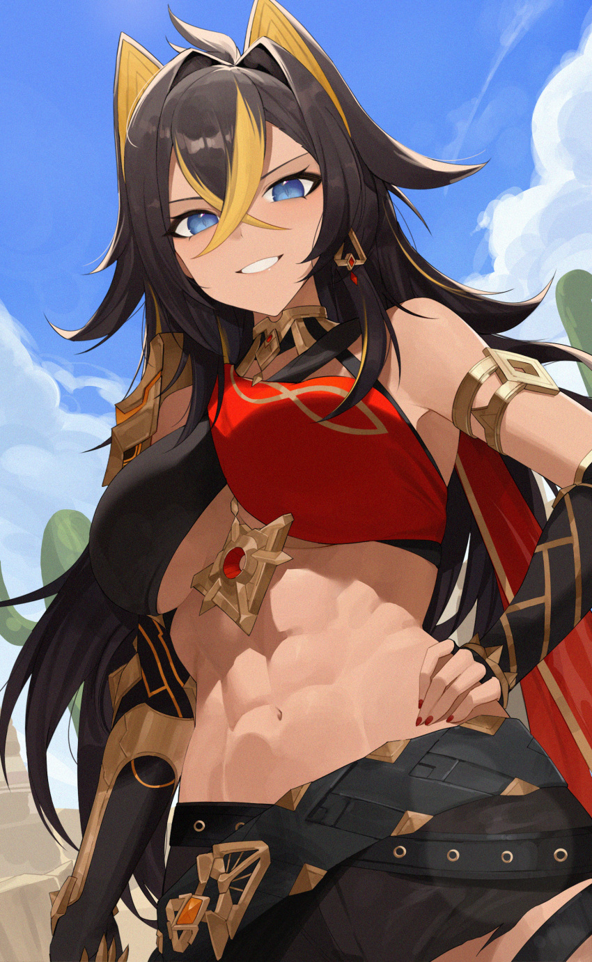 1girl :d abs absurdres arm_armor armlet asymmetrical_clothes belt between_breasts black_belt black_gloves black_hair blonde_hair blue_eyes breasts criss-cross_halter crossed_bangs crossed_belts dangle_earrings dark-skinned_female dark_skin dehya_(genshin_impact) earrings elbow_gloves fingerless_gloves gem genshin_impact gloves gold_choker hair_between_eyes hair_ears hair_intakes halterneck highres jewelry large_breasts long_hair looking_at_viewer multicolored_hair nail_polish navel outdoors pants red_gemstone red_nails single_bare_shoulder single_earring single_fingerless_glove smile solo stomach streaked_hair thigh_strap toned torn_clothes torn_pants two-tone_hair very_long_hair weimiaw