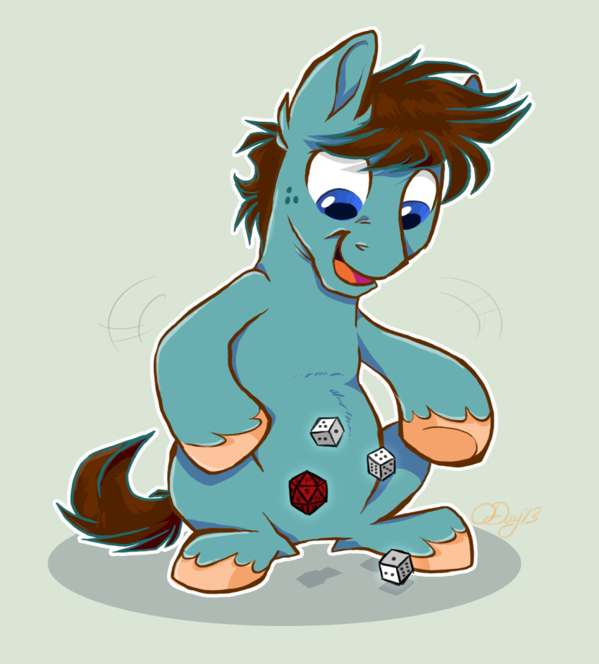 2013 blue_eyes brown_hair cel_shading crunch_(vyuun) dated dice digital_drawing_(artwork) digital_media_(artwork) drop_shadow earth_pony equid equine fan_character feet feral freckles_on_face fur graystripe64 green_background hair hasbro hi_res hooves horse looking_down male male_feral mammal mane motion_lines my_little_pony open_mouth open_smile outline pony quadruped semi-anthro shaded short_hair signature simple_background smile solo tail tan_hooves teal_body teal_fur tongue white_outline