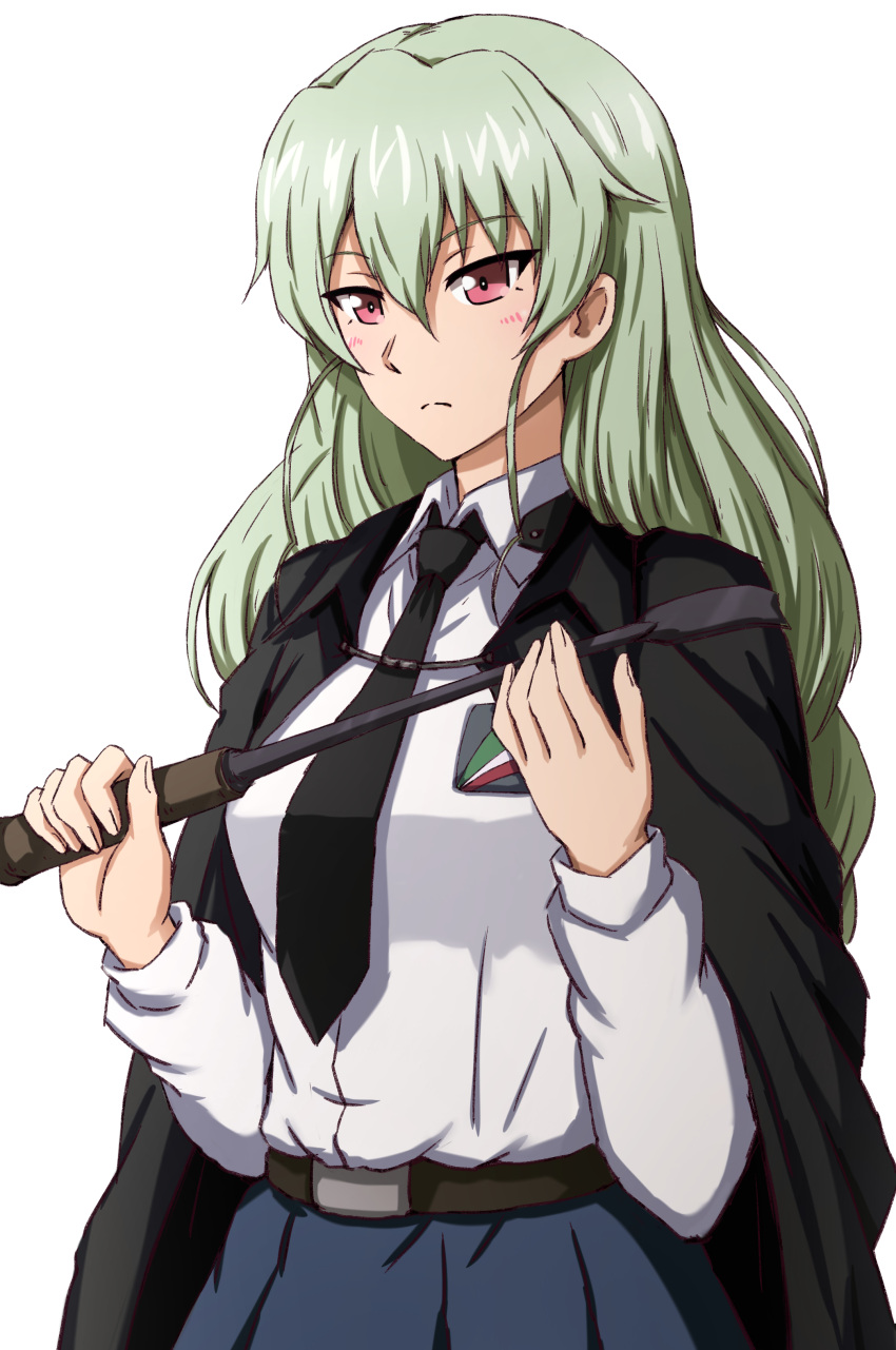 1girl absurdres alternate_hairstyle anchovy_(girls_und_panzer) anzio_school_uniform belt black_belt black_cape black_necktie blue_skirt cape closed_mouth commentary dress_shirt emblem frown girls_und_panzer green_hair hair_down highres holding_riding_crop long_hair long_sleeves looking_at_viewer miniskirt necktie omachi_(slabco) pleated_skirt red_eyes riding_crop school_uniform shirt simple_background skirt solo standing white_background white_shirt wing_collar