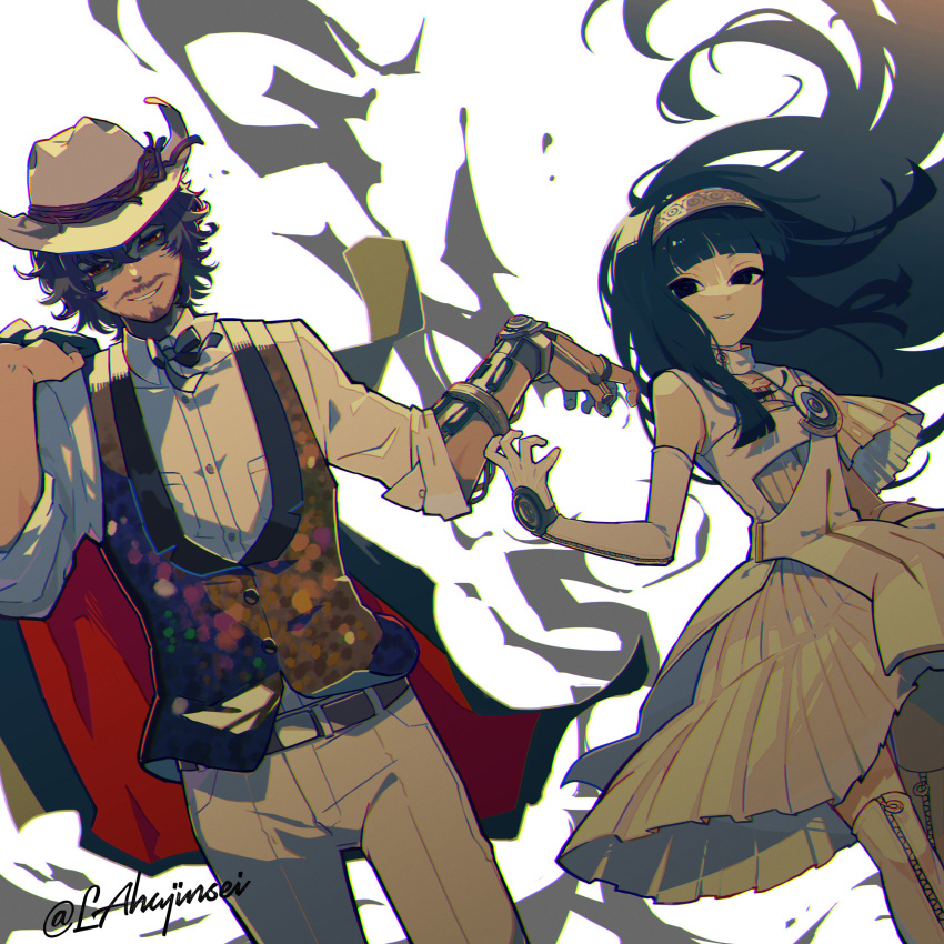 1boy 1girl black_eyes blunt_bangs bow bowtie brown_eyes brown_hair character_name cowboy_hat dress elbow_gloves gloves gnosia hair_between_eyes hairband hat headband highres hime_cut jonas_(gnosia) long_hair long_sleeves looking_at_viewer male_focus parted_lips short_hair smile solo straight_hair tan toyama96 upper_body white_dress white_gloves yuriko_(gnosia)