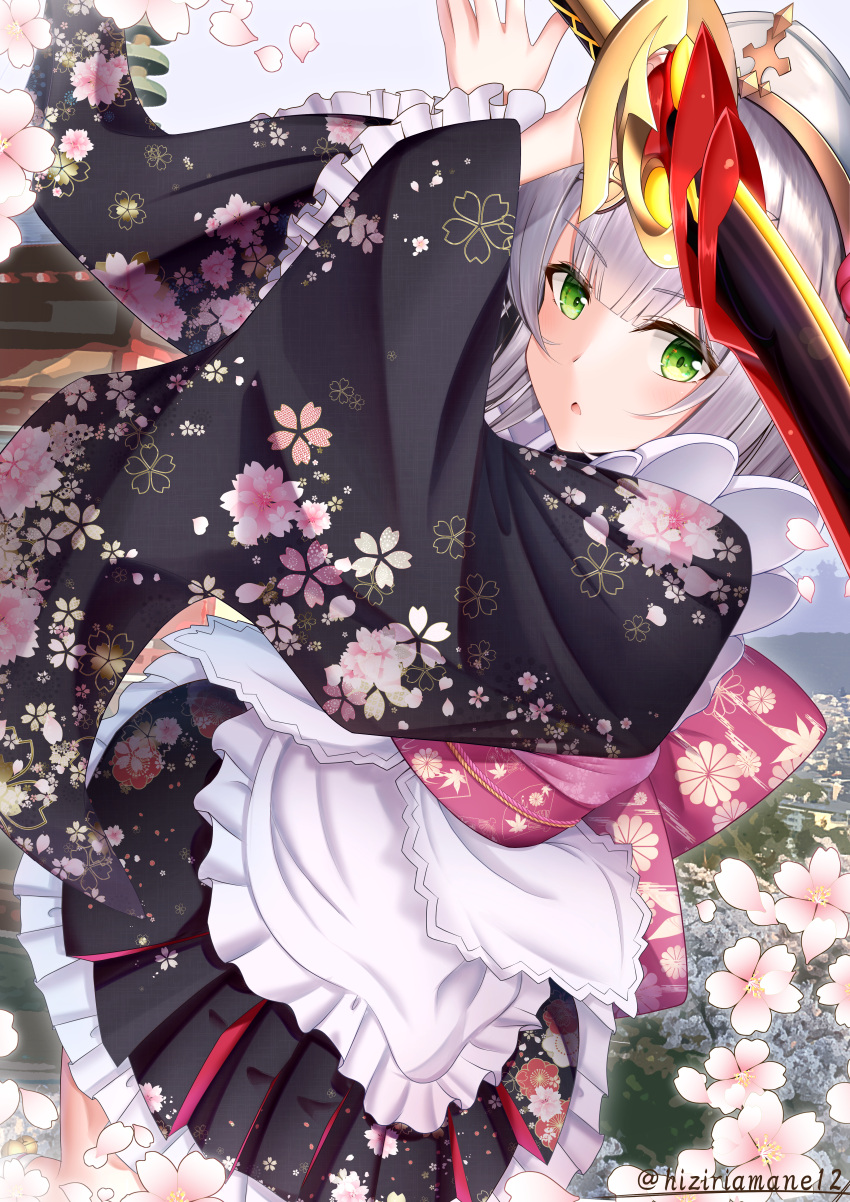 1girl absurdres apron arms_up artist_name black_kimono cherry_blossoms commentary_request floral_print genshin_impact greatsword green_eyes grey_hair highres hiziriamane holding holding_weapon japanese_clothes kimono looking_at_viewer maid maid_headdress mixed-language_commentary noelle_(genshin_impact) obi open_mouth redhorn_stonethresher_(genshin_impact) sash short_hair solo sword wa_maid weapon white_apron wide_sleeves