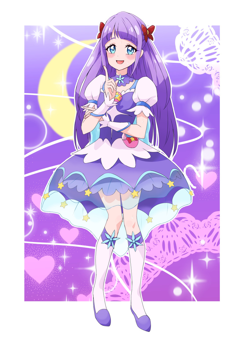 1girl absurdres blue_eyes boots bow breasts choker collarbone cosplay crescent crescent_earrings cure_selene cure_selene_(cosplay) dress earrings full_body hair_ornament heart_pouch highres jewelry keijirou_(mukunozaltusou) long_hair magical_girl precure puffy_sleeves purple_background purple_choker purple_dress purple_hair short_sleeves small_breasts smile solo star_color_pendant star_twinkle_precure very_long_hair white_background