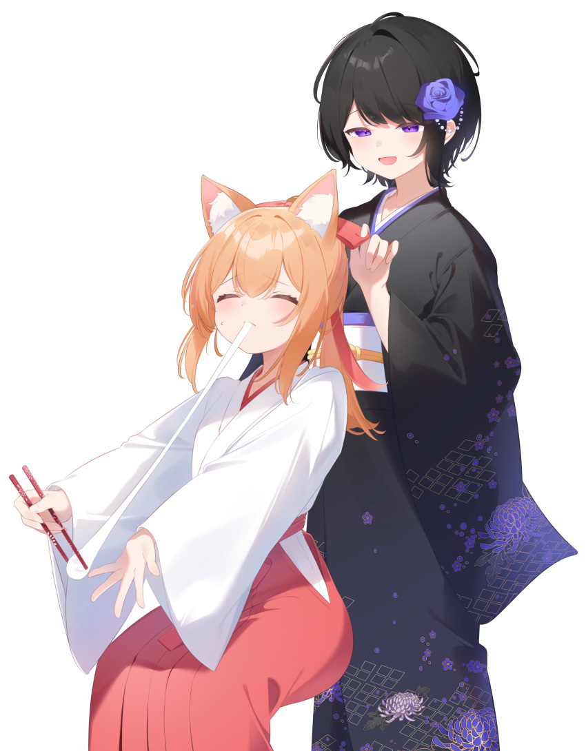 2girls absurdres animal_ear_fluff animal_ears aoitsuki black_hair black_kimono blue_archive blush cat_ears chopsticks closed_eyes closed_mouth eating female_sensei_(blue_archive) food hakama highres holding holding_chopsticks invisible_chair japanese_clothes kimono long_hair long_sleeves mari_(blue_archive) miko mochi mochi_trail multiple_girls obi open_mouth orange_hair purple_eyes red_hakama sash sensei_(blue_archive) simple_background sitting smile white_background wide_sleeves