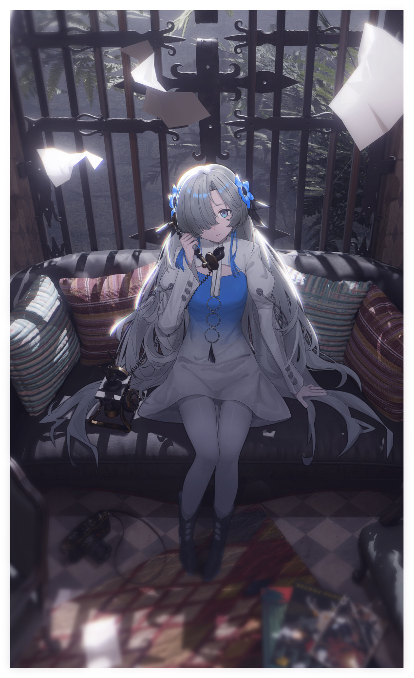 1girl 3d_background absurdres antique_phone arm_support black_footwear blue_eyes blue_flower blurry blurry_foreground border camera closed_mouth commentary corded_phone couch dress flower flying_paper from_above gate grey_hair hair_flower hair_ornament hair_over_one_eye highres holding holding_phone isekai_joucho juliet_sleeves kamitsubaki_studio long_hair long_sleeves looking_at_viewer one_eye_covered pale_skin pantyhose paper phone pillow puffy_sleeves rotary_phone shiyashiki sitting smile solo symbol-only_commentary talking_on_phone two-tone_dress very_long_hair virtual_youtuber white_border