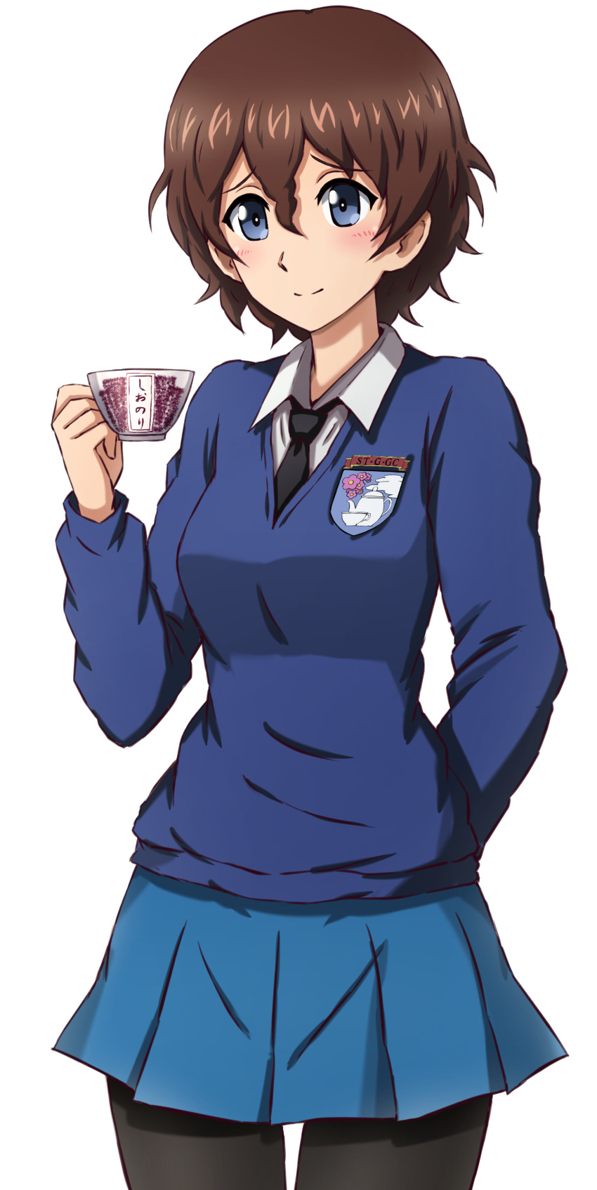 1girl absurdres akaboshi_koume alternate_costume arm_behind_back black_necktie black_pantyhose blue_eyes blue_skirt blue_sweater blush brown_hair closed_mouth commentary cup dress_shirt emblem girls_und_panzer highres holding holding_cup long_sleeves looking_at_viewer miniskirt necktie omachi_(slabco) pantyhose pleated_skirt school_uniform shirt short_hair simple_background skirt smile solo st._gloriana's_(emblem) st._gloriana's_school_uniform standing sweater teacup translated v-neck wavy_hair white_background white_shirt wing_collar