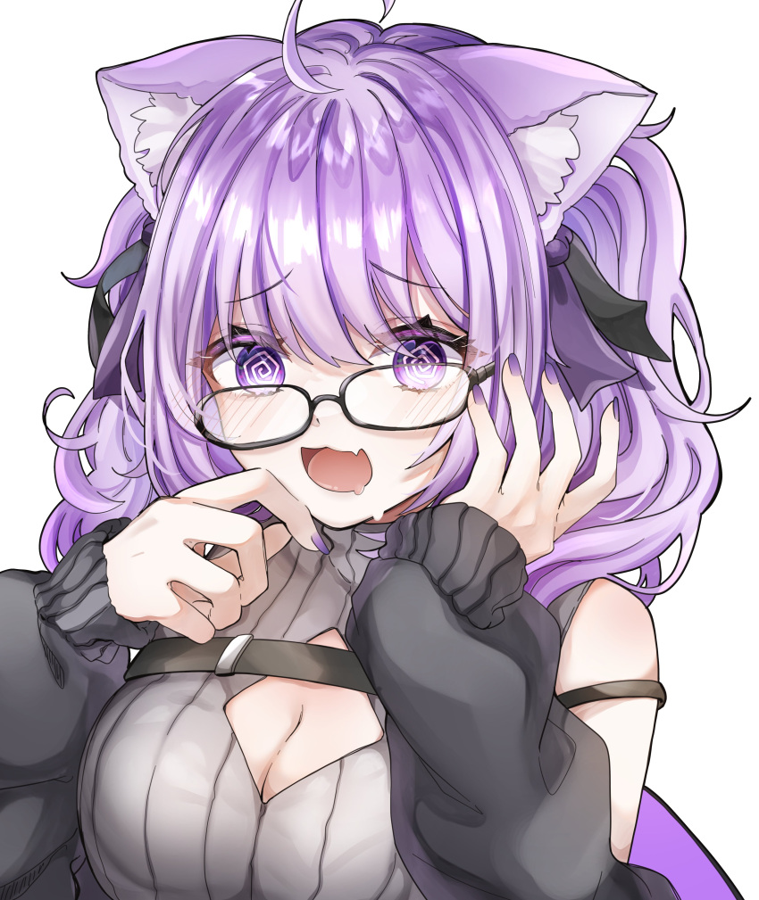 1girl @_@ absurdres ahoge alternate_costume animal_ear_fluff animal_ears bare_shoulders blush breasts cat_ears cat_girl cleavage cleavage_cutout close-up clothing_cutout glasses grey_shirt hair_ribbon highres hololive large_breasts nekomata_okayu_(8th_costume) off_shoulder open_mouth purple_eyes purple_hair purple_nails raina_(raina_games) ribbon shirt sleeveless sleeveless_shirt solo twintails white_background