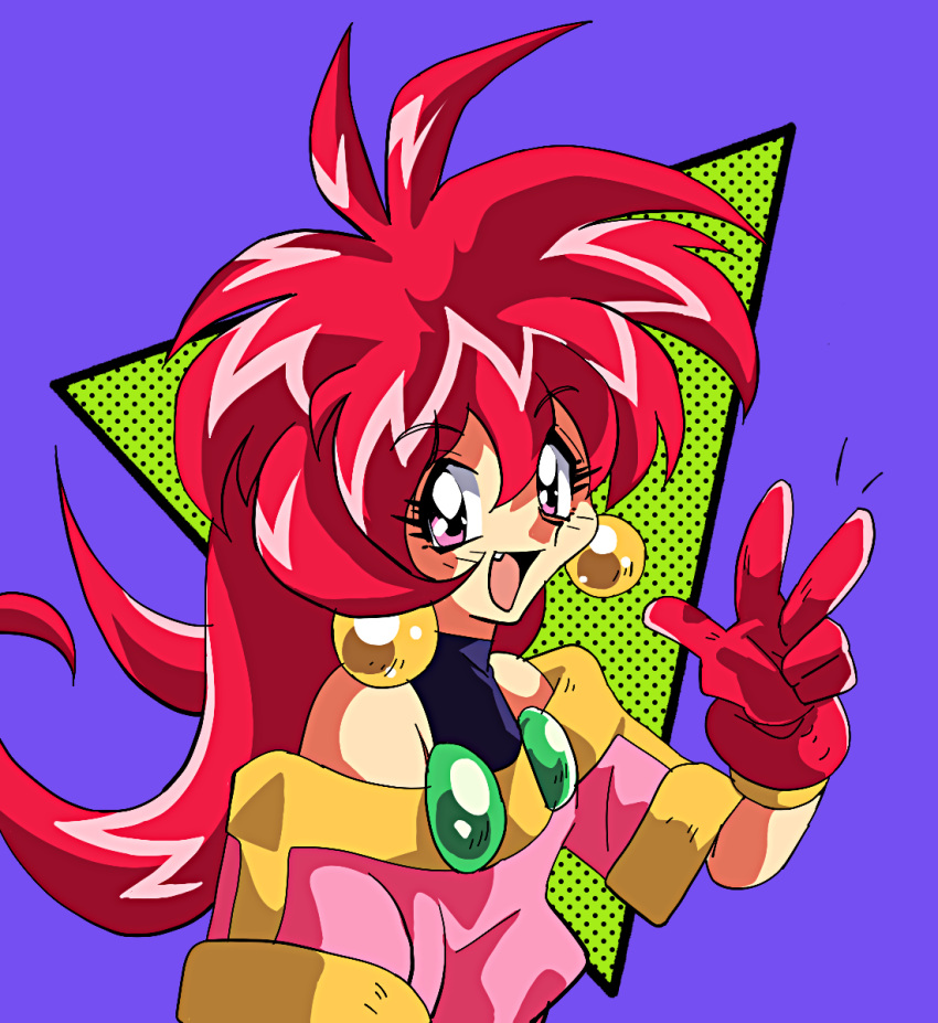 1990s_(style) 1girl araizumi_rui_(style) earrings gloves highres jewelry long_hair looking_at_viewer off_shoulder parfait_(lamune) parody pink_eyes potiri02 red_gloves red_hair retro_artstyle shoulders solo style_parody upper_body v vs_knight_lamune_&amp;_40_fire