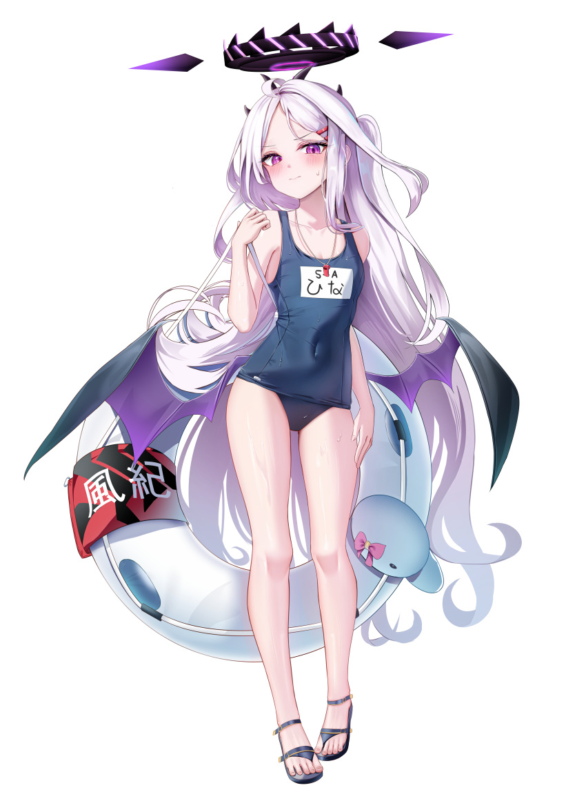 1girl absurdres black_footwear black_halo black_horns black_wings blue_archive collarbone commentary flat_chest full_body halo highres hina_(blue_archive) hina_(swimsuit)_(blue_archive) horns li_se long_hair looking_at_viewer low_wings official_alternate_costume old_school_swimsuit purple_eyes sandals school_swimsuit simple_background standing swimsuit thighs toenails toes very_long_hair whistle whistle_around_neck white_background white_hair wings