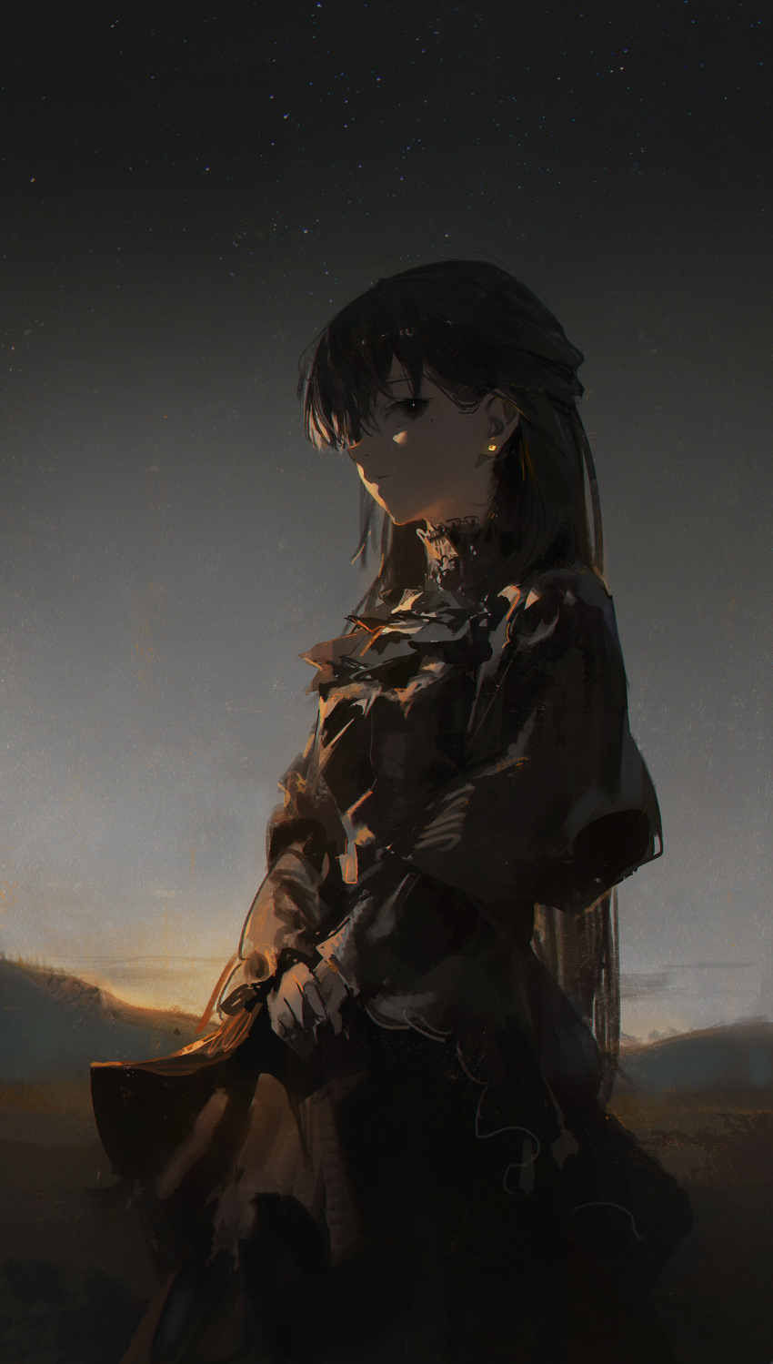 1girl absurdres black_dress black_hair dino_(dinoartforame) dress dusk earrings from_below high_collar highres hill horizon jewelry long_hair looking_to_the_side mole mole_under_eye original outdoors own_hands_together scenery sky solo star_(sky) starry_sky sunset