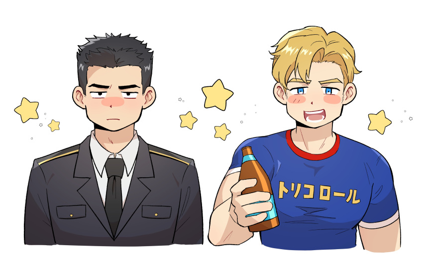 2boys absurdres ao_isami bara blonde_hair blush blush_stickers bottle couple cropped_torso facial_hair highres holding holding_bottle lewis_smith light_frown male_focus multiple_boys pectorals shirt sideburns_stubble starry_background stubble thick_eyebrows wasted_m9 yaoi yuuki_bakuhatsu_bang_bravern