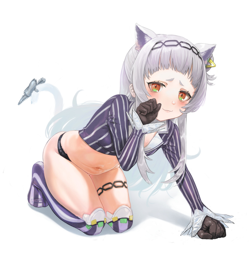 1girl absurdres animal_ears arched_bangs blush cat_ears cropped_shirt gloves grey_hair hexagram_hair_ornament highres hololive jing_(0155498) long_hair long_sleeves looking_at_viewer midriff murasaki_shion murasaki_shion_(1st_costume) navel paw_pose pinstripe_pattern pinstripe_shirt shirt short_eyebrows solo striped_clothes striped_shirt striped_thighhighs thighhighs thighlet thighs vertical-striped_clothes vertical-striped_shirt vertical-striped_thighhighs virtual_youtuber