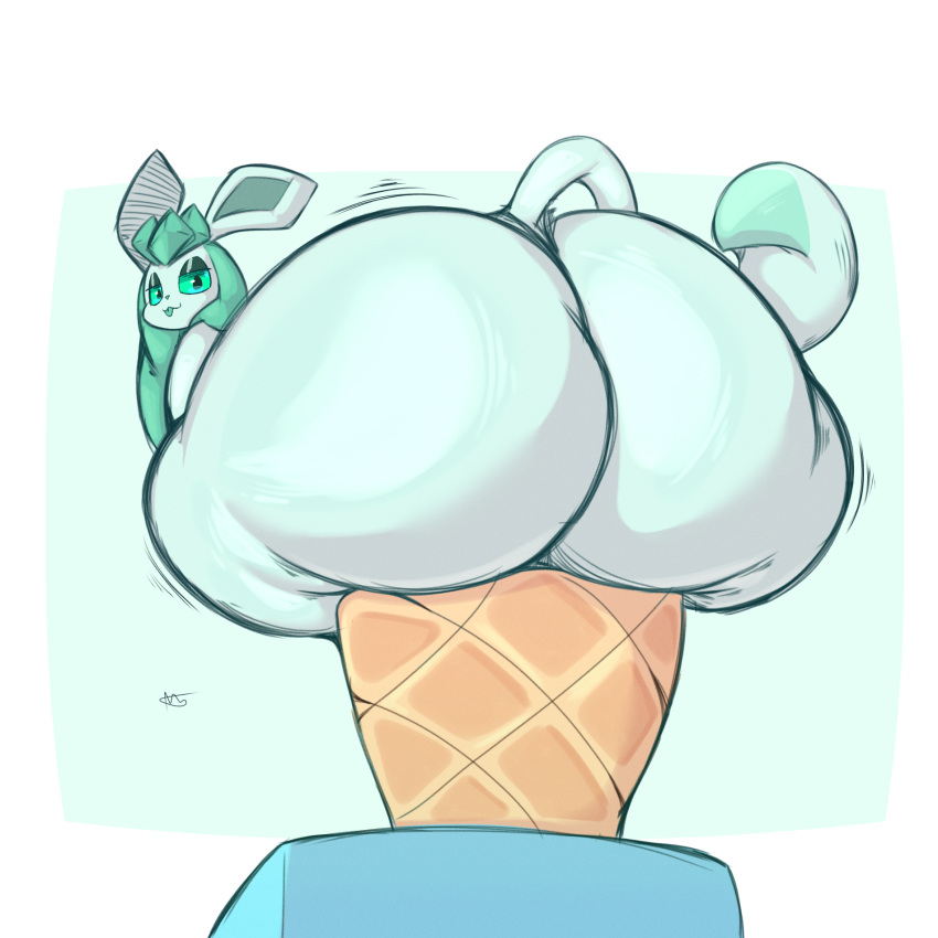 big_butt butt cone dessert eeveelution female food generation_4_pokemon glaceon hi_res huge_butt hyper hyper_butt ice_cream ice_cream_cone lightmizano nintendo pokemon pokemon_(species) short_stack simple_background solo thick_thighs