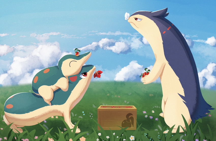 absurdres box closed_mouth cloud commentary_request cyndaquil day evolutionary_line flower from_side grass highres holding mouth_hold outdoors pokemon pokemon_(creature) quilava red_eyes red_flower sky tenkuu_fukurou typhlosion