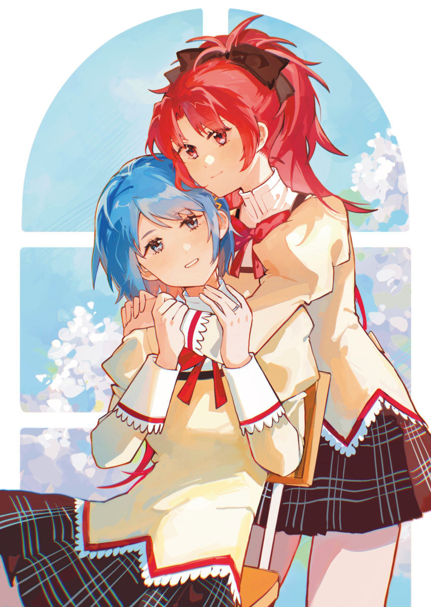 2girls absurdres arms_around_neck black_skirt blue_eyes blue_hair blue_sky bow bowtie chinese_commentary collared_jacket commentary_request cowboy_shot day hair_bow hair_ornament hairclip hands_on_another's_arm highres jacket jewelry juliet_sleeves long_hair long_sleeves mahou_shoujo_madoka_magica mahou_shoujo_madoka_magica_(anime) miki_sayaka mitakihara_school_uniform multiple_girls parted_lips plaid plaid_skirt ponytail puffy_sleeves red_bow red_bowtie red_eyes red_hair ring sakura_kyoko school_uniform short_hair skirt sky smile standing swept_bangs window yellow_jacket yuri ziyin