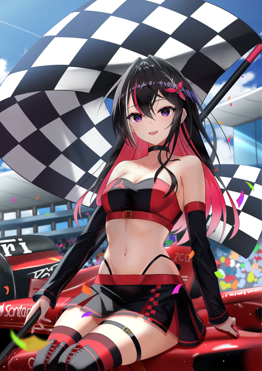 1girl absurdres azki_(hololive) black_choker black_hair boots breasts car checkered_flag choker colored_inner_hair confetti detached_sleeves flag formula_racer highres hololive long_hair medium_breasts midriff miniskirt motor_vehicle multicolored_hair navel pink_hair purple_eyes race_queen race_vehicle racecar red_nails sitting_on_car skirt telu_(teluscarlet) thigh_boots thigh_strap virtual_youtuber