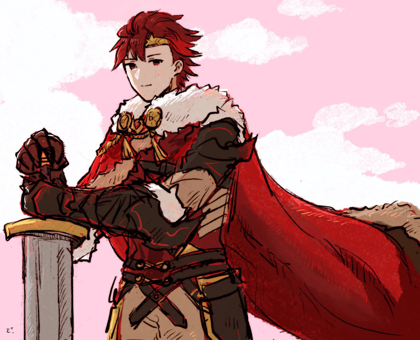 1boy armor asymmetrical_armor buster_sword cape diamant_(fire_emblem) dolly_deer fire_emblem fire_emblem_engage floating_cape holding holding_sword holding_weapon red_cape red_eyes red_hair shoulder_armor solo sword upper_body weapon