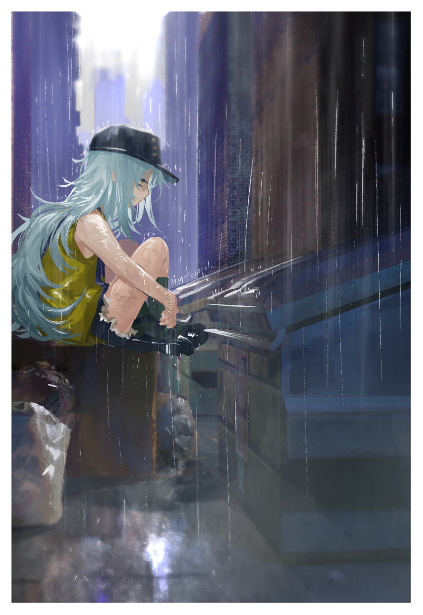 1girl blue_hair brown_eyes dirty g11_(girls'_frontline) girls'_frontline green_socks hat highres long_hair mush outdoors rain shorts sitting sleeveless socks solo trash_can