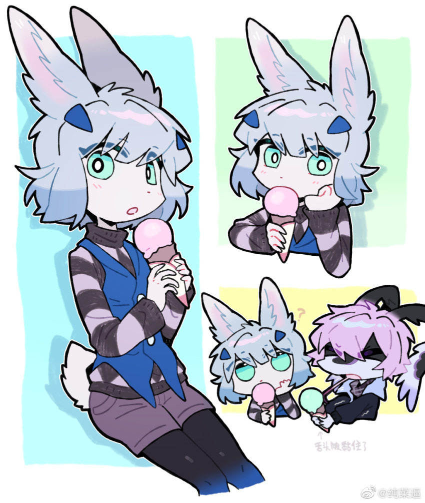 2023 :o ah_xin_(zhang_gun) anthro blue_ears blue_hair bottomwear clothing dessert duo female food fur hair hi_res holding_food holding_ice_cream holding_object ice_cream kemono lagomorph leporid mammal open_mouth pink_hair rabbit reptile scalie shorts snake teal_eyes white_body white_fur xiaohen_(zhang_gun) zhang_gun