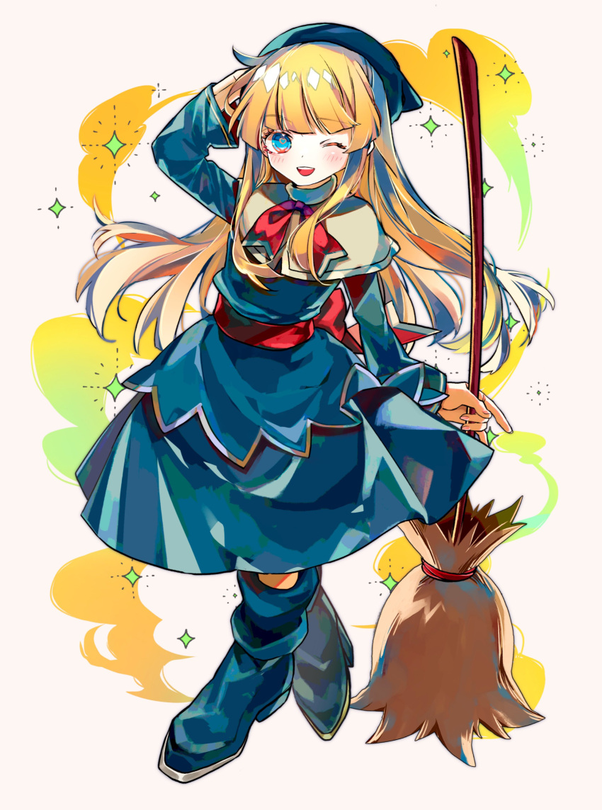 1girl :d absurdres blonde_hair blue_dress blue_eyes blue_footwear blue_hat blunt_bangs boots broom capelet dress full_body hat highres long_hair long_sleeves madou_monogatari neck_ribbon one_eye_closed puyopuyo red_ribbon red_sash ribbon sash smile solo standing very_long_hair white_capelet witch_(puyopuyo) wizard_hat