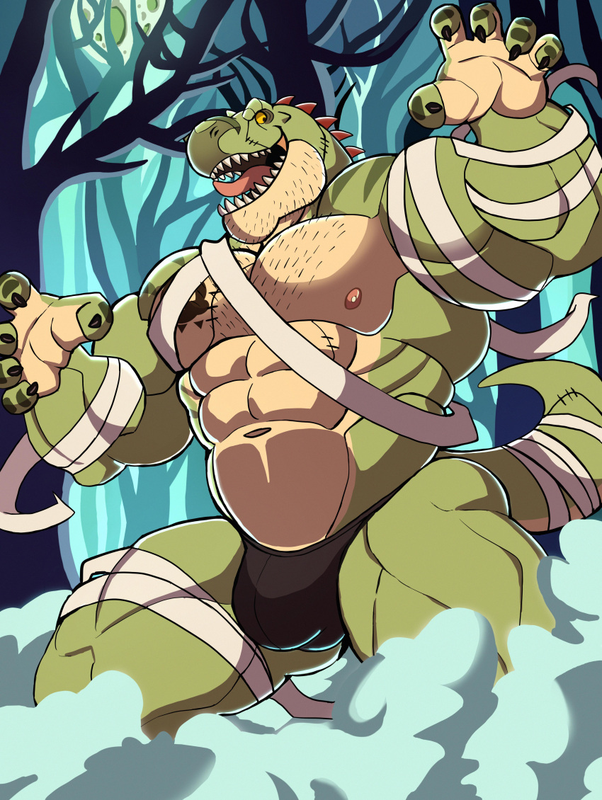 5_fingers abs absurd_res anthro areola biped body_hair bulge chest_hair claws countershade_face countershade_torso countershading darknaigart dinosaur facial_hair fingers green_body hi_res jace_(darknaig) male muscular muscular_anthro muscular_male nipples open_mouth pecs plant reptile scalie sharp_teeth solo tail teeth theropod tongue tree tyrannosaurid tyrannosauroid tyrannosaurus tyrannosaurus_rex