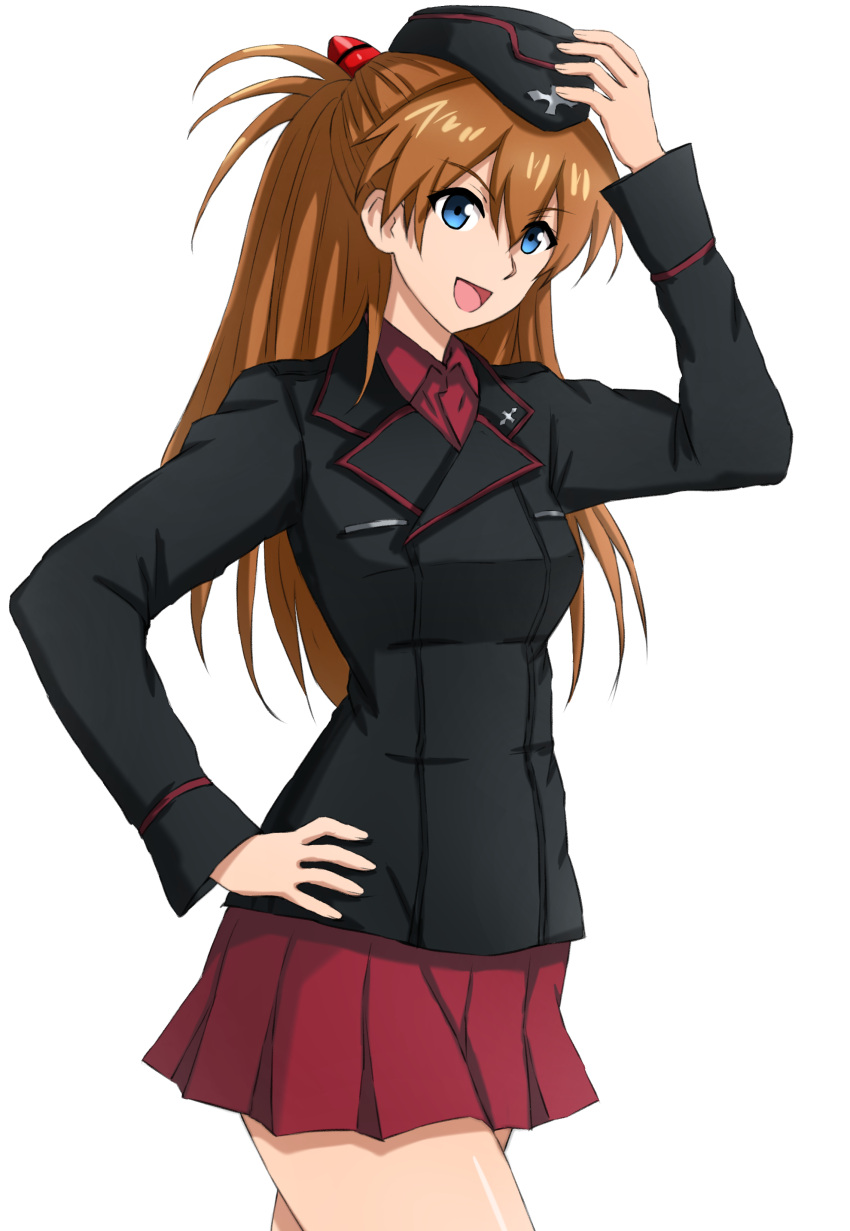 1girl absurdres adjusting_clothes adjusting_headwear alternate_costume black_hat black_jacket blue_eyes commentary cowboy_shot dress_shirt garrison_cap girls_und_panzer hat highres insignia jacket kuromorimine_military_uniform long_hair long_sleeves looking_at_viewer military_hat military_uniform miniskirt neon_genesis_evangelion omachi_(slabco) open_mouth orange_hair pleated_skirt red_shirt red_skirt shirt simple_background skirt smile solo souryuu_asuka_langley standing two_side_up uniform white_background wing_collar