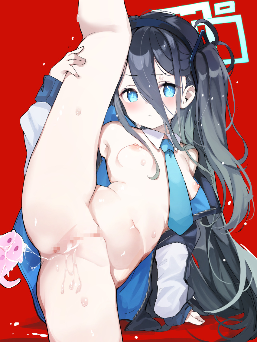 1girl absurdres after_vaginal aris_(blue_archive) black_hair blue_archive blue_eyes blue_necktie blush breasts censored commentary_request cowboy_shot cum cum_in_pussy cum_string detached_collar frown hair_between_eyes halo haniwa_(statue) highres jacket leg_lift leg_up long_bangs long_hair looking_at_viewer mosaic_censoring naked_jacket necktie nipples nude open_clothes open_jacket pussy red_background simple_background small_breasts solo split standing standing_on_one_leg standing_split sweat teranekosu v-shaped_eyebrows variant_set very_long_hair