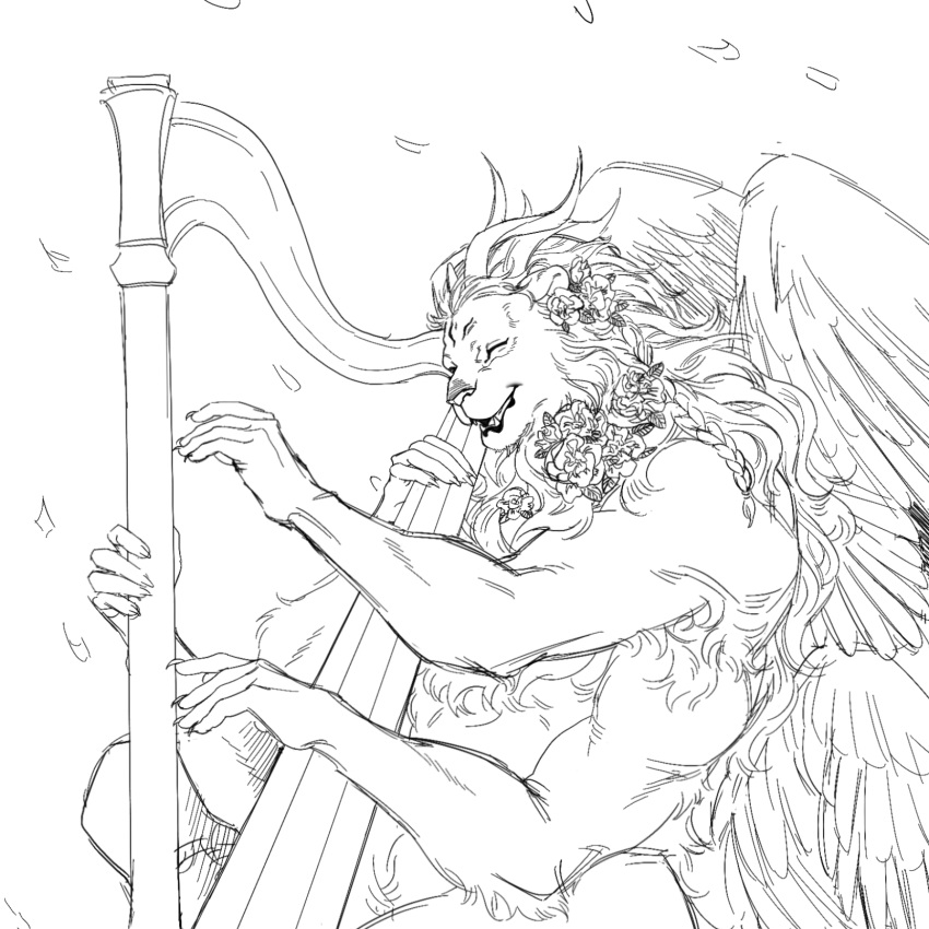 1boy braid closed_eyes demon_horns dungeon_meshi extra_arms extra_eyes feathered_wings flower furry furry_male hair_flower hair_ornament harp highres horns instrument lion male_focus monochrome multiple_horns multiple_wings music playing_instrument simple_background smile solo spoilers upper_body wind winged_animal winged_lion_(dungeon_meshi) wings wushutaichuitousangqideyizhichong