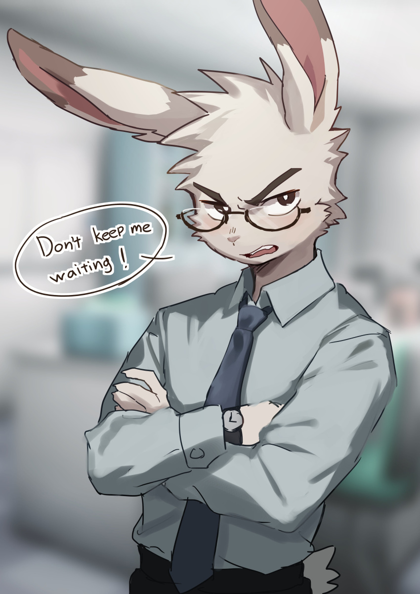 1boy absurdres animal_ears blurry blurry_background commentary crossed_arms english_commentary english_text furry glasses highres long_sleeves male_focus necktie open_mouth original rabbit_ears solo standing suit taro_bandit teeth thick_eyebrows upper_body watch white_hair wristwatch