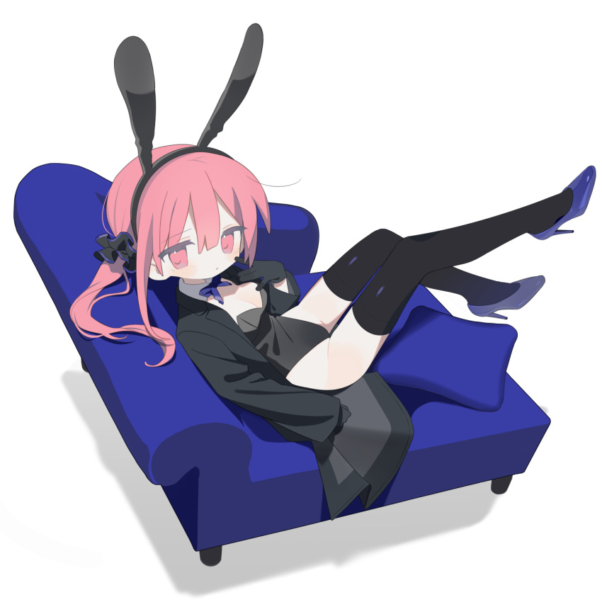 1girl animal_ears black_coat black_gloves black_leotard black_thighhighs blue_footwear blue_ribbon breasts coat commentary_request couch cushion daizu_(melon-lemon) detached_collar fake_animal_ears full_body gloves hair_between_eyes hair_ornament hair_scrunchie hand_up high_heels highres leg_up leotard long_hair long_sleeves looking_at_viewer medium_breasts neck_ribbon nontraditional_playboy_bunny on_couch open_clothes open_coat original pink_eyes pink_hair rabbit_ears ribbon scrunchie shoes simple_background solo stiletto_heels thighhighs twintails white_background