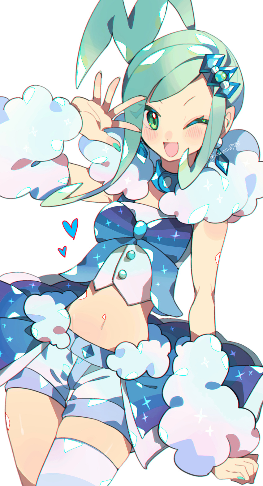 1girl :d aqua_hair aqua_nails blue_shorts fluffy green_eyes heart highres kawasaki_(kwsk_8765) lisia_(pokemon) long_hair midriff navel one_eye_closed open_mouth pokemon pokemon_oras shorts simple_background smile solo waving white_background