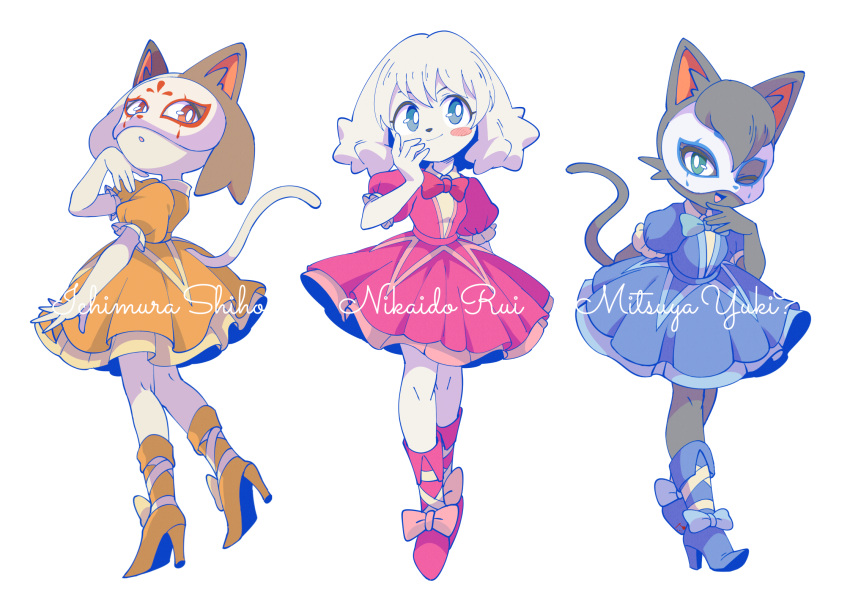 3girls :o black_fur blood blood_on_clothes blood_splatter blue_bow blue_bowtie blue_dress blue_eyes blue_footwear blush_stickers boots bow bowtie brown_fur calico cat_girl character_name dog_girl dress frilled_dress frilled_sleeves frills full_body furry furry_female green_eyes hand_on_own_chin hand_on_own_face high_heel_boots high_heels highres ichimura_shiho mask multiple_girls nikaidou_rui odd_taxi omochiutyu one_eye_closed orange_dress orange_eyes orange_footwear pink_bow pink_dress pink_footwear puffy_short_sleeves puffy_sleeves red_bow red_bowtie romaji_text short_sleeves smile two-tone_fur wadagaki_sakura when_you_see_it white_fur yellow_bow