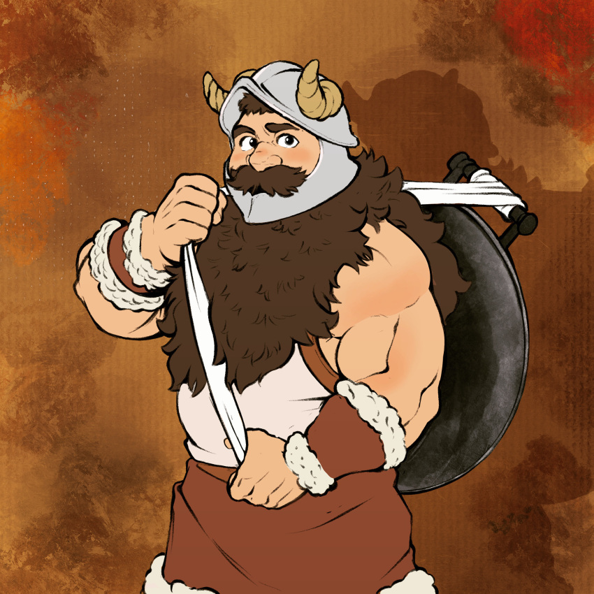 1boy bara beard belly biceps blush bracer brown_hair brown_theme cowboy_shot dungeon_meshi dwarf facial_hair fake_horns helmet highres horned_helmet horns long_beard looking_at_viewer male_focus muscular muscular_male phineart revision senshi_(dungeon_meshi) sleeveless solo standing thick_eyebrows thick_mustache very_long_beard