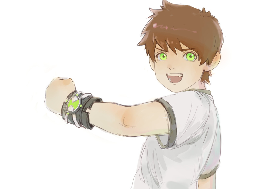 1boy :d ben_10 ben_tennyson brown_hair child commentary from_side green_eyes highres looking_at_viewer looking_back male_focus mixed-language_commentary omnitrix open_mouth shirt short_hair short_sleeves simple_background smile solo teeth thekidroxas upper_body white_background white_shirt