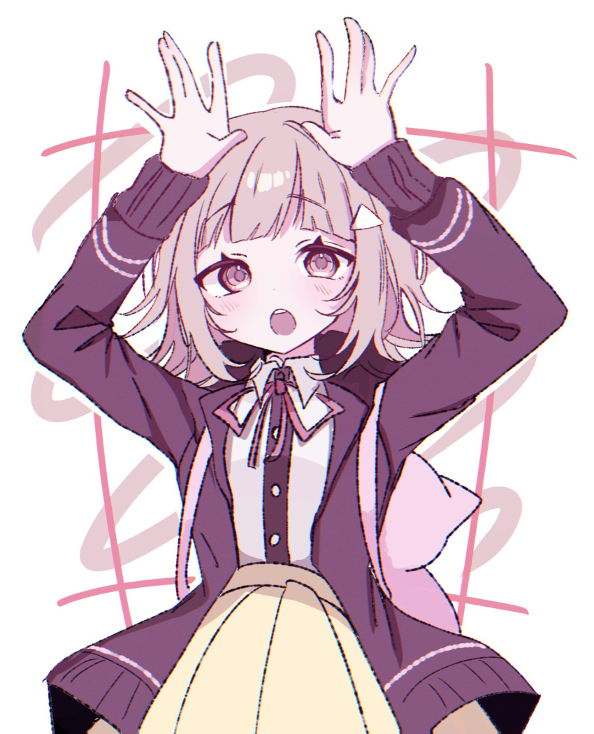 1girl :o alternate_hair_ornament arms_up black_shirt blush brown_skirt collared_shirt cowboy_shot danganronpa_(series) danganronpa_2:_goodbye_despair highres jacket medium_hair nanami_chiaki neck_ribbon open_clothes open_jacket pink_eyes pink_ribbon pleated_skirt red_jacket ribbon ringo_ame_no_ria shirt skirt solo teeth triangle_hair_ornament two-tone_shirt upper_teeth_only white_background