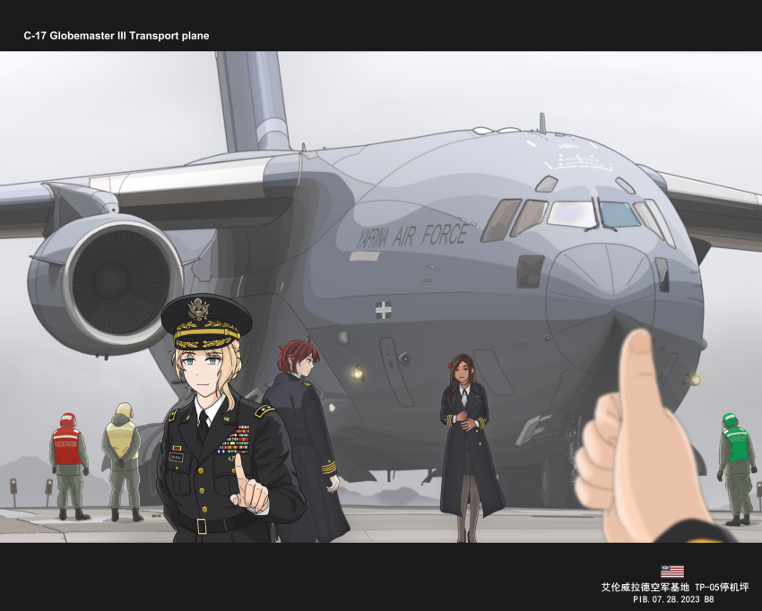 2661789381 3girls 3others blonde_hair blue_eyes boeing_c-17 breast_pocket brown_hair buttons cargo_aircraft coat hat helmet highres index_finger_raised military_uniform multiple_girls multiple_others peaked_cap pocket red_hair service_ribbon thumbs_up uniform vest warship_girls_r