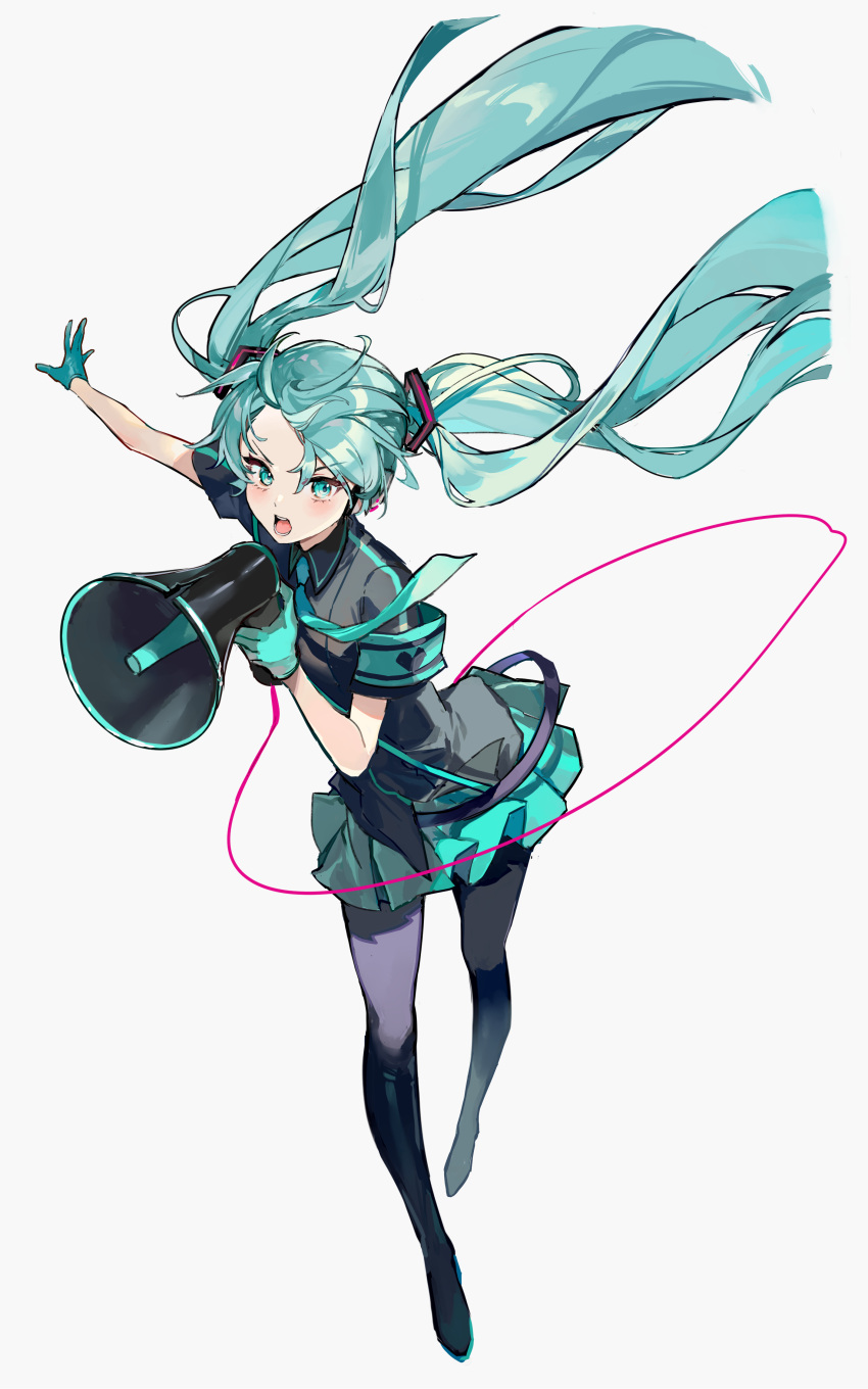 1girl absurdres aqua_eyes aqua_gloves aqua_hair aqua_necktie aqua_skirt blue_hair blush commentary floating_hair floating_neckwear full_body gloves hatsune_miku highres holding holding_megaphone karasu_btk koi_wa_sensou_(vocaloid) long_hair looking_at_viewer megaphone necktie open_mouth pantyhose pleated_skirt short_sleeves simple_background skirt solo teeth tongue twintails vocaloid white_background