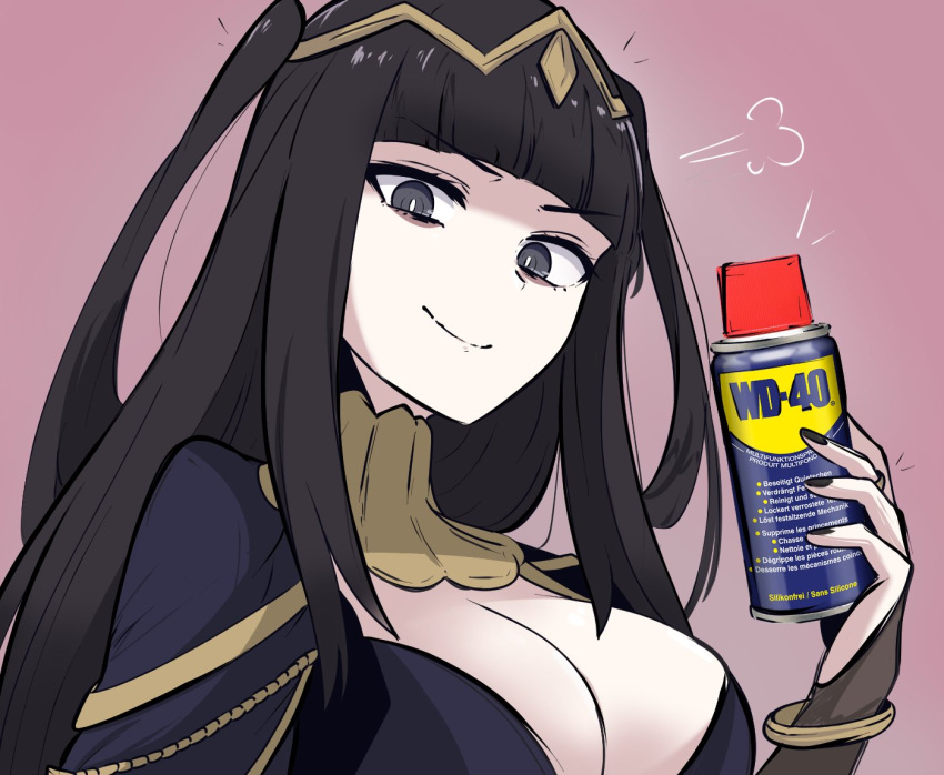 1girl black_eyes black_hair black_nails blunt_bangs breasts bridal_gauntlets can cleavage closed_mouth commentary english_commentary eyelashes fire_emblem fire_emblem_awakening gradient_background holding holding_can large_breasts long_hair looking_at_viewer puff_of_air red_background smile solo spray_can tavi_(hosheezus) tharja_(fire_emblem) tiara two_side_up upper_body v-shaped_eyebrows wd-40