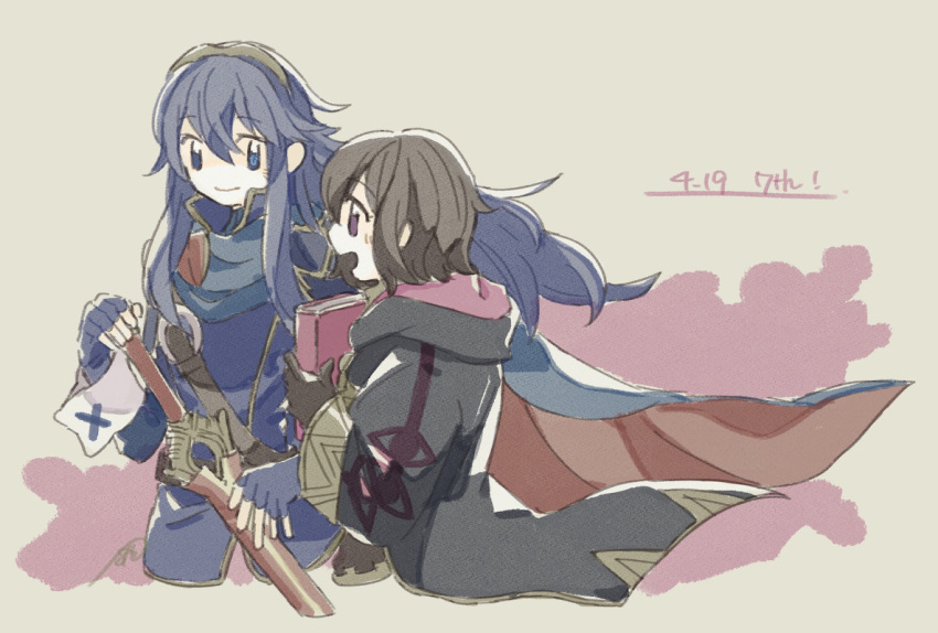 2girls batoson54 black_hair blue_eyes blue_hair brand_of_the_exalt cape eyes_of_grima falchion_(fire_emblem) fire_emblem fire_emblem_awakening hood hood_down hooded_jacket jacket lucina_(fire_emblem) morgan_(female)_(fire_emblem) morgan_(fire_emblem) multiple_girls purple_eyes talking tiara