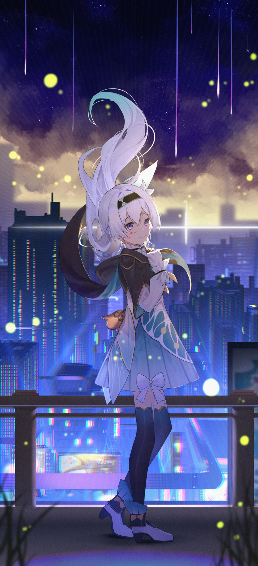 1girl absurdres black_hairband black_jacket bow bowtie building cityscape collared_shirt cropped_jacket firefly_(honkai:_star_rail) floating_hair fuujin_(windust_michio) grey_hair hair_between_eyes hair_ornament hairband hand_on_own_chest high_heels highres honkai:_star_rail honkai_(series) jacket long_hair long_sleeves looking_at_viewer neckerchief night orange_neckerchief shirt skirt sky solo star_(sky) starry_sky thighhighs two-tone_eyes