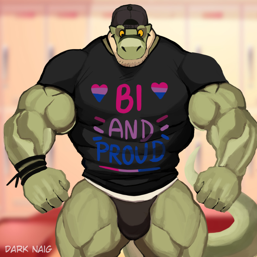 5_fingers absurd_res anthro biceps biped bisexual_pride_colors bulge clothed clothing darknaigart dinosaur english_text fingers green_body hi_res jace_(darknaig) lgbt_pride male muscular muscular_anthro muscular_male pride_colors reptile scalie shirt solo tail text text_on_clothing text_on_shirt text_on_topwear theropod topwear tyrannosaurid tyrannosauroid tyrannosaurus tyrannosaurus_rex
