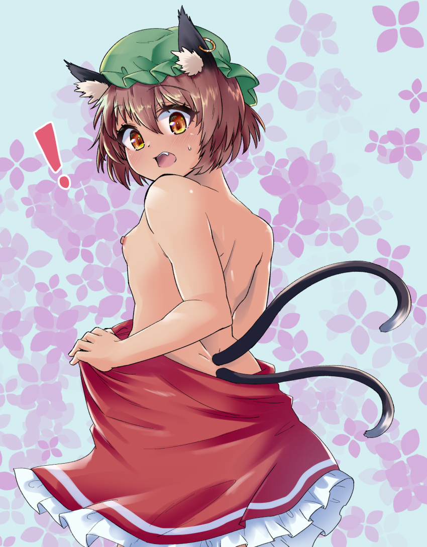 1girl animal_ear_fluff animal_ear_piercing animal_ears breasts brown_eyes brown_hair cat_ears chen commentary_request earrings frills from_behind hair_between_eyes hat highres hits_(hitstts) jewelry light_blush looking_back mob_cap nekomata nipples open_mouth petticoat short_hair simple_background single_earring small_breasts solo sweat teeth topless touhou upper_teeth_only white_background