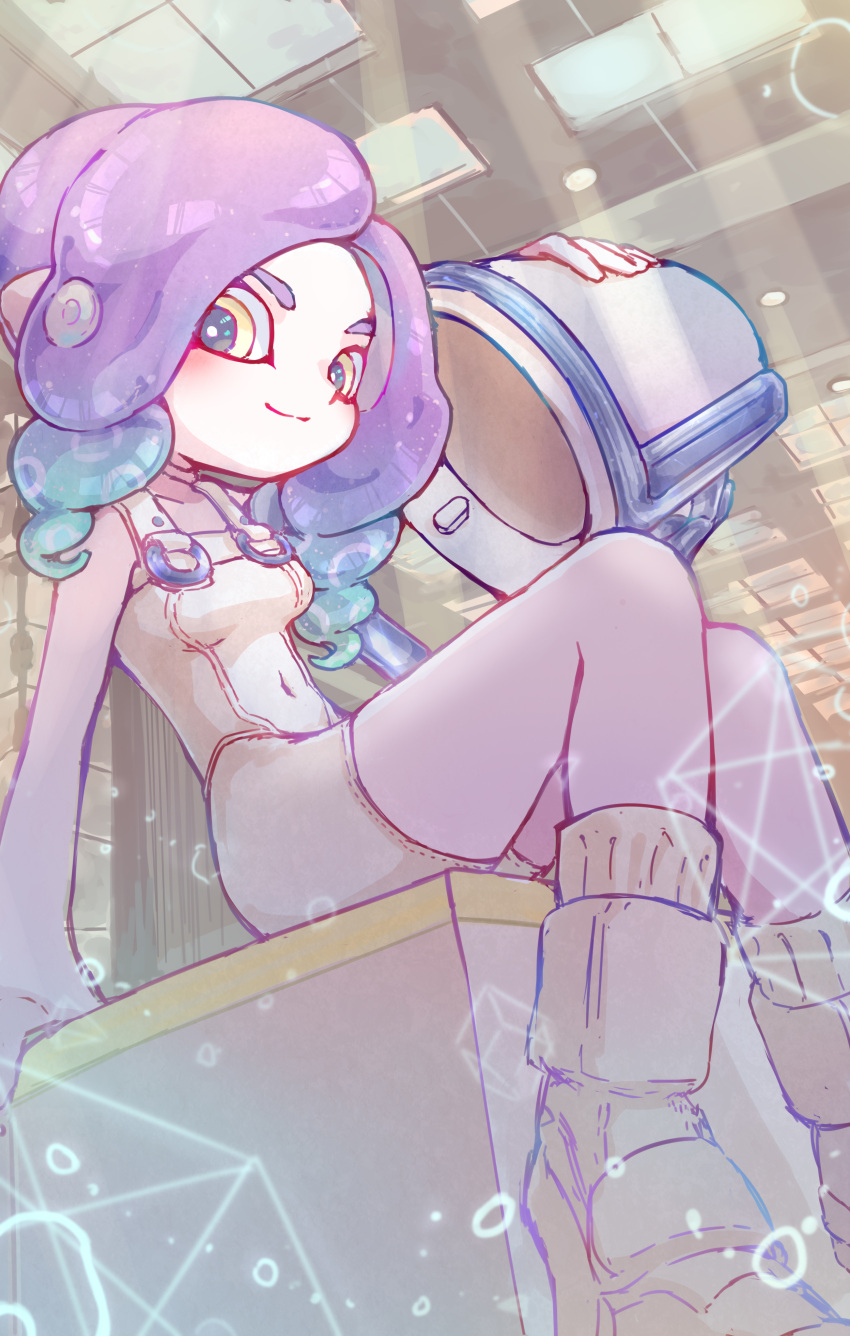 1girl absurdres agent_8_(splatoon) blue_hair bodysuit boots breasts closed_mouth colored_tips commentary_request covered_navel foot_out_of_frame highres holding holding_weapon indoors inkling long_hair multicolored_hair octoling_girl octoling_player_character order_slosher_(splatoon) purple_hair sitting sleeveless sleeveless_bodysuit small_breasts smile socks solo splatoon_(series) splatoon_3 splatoon_3:_side_order tako_maru_yeah tentacle_hair two-tone_hair weapon white_bodysuit white_footwear white_socks