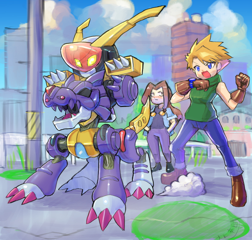 1girl 2boys blonde_hair blue_jacket blue_pants blurry blurry_background brown_hair building centauroid digimon digimon_adventure glowing glowing_eyes green_shirt hands_in_pockets highres ishida_yamato jacket kikuhime long_hair medarot metalgarurumon multiple_boys non-humanoid_robot oomasa_teikoku pants robot robot_animal shirt short_hair skyscraper sleeveless sleeveless_shirt spikes taur watch wolf wristwatch