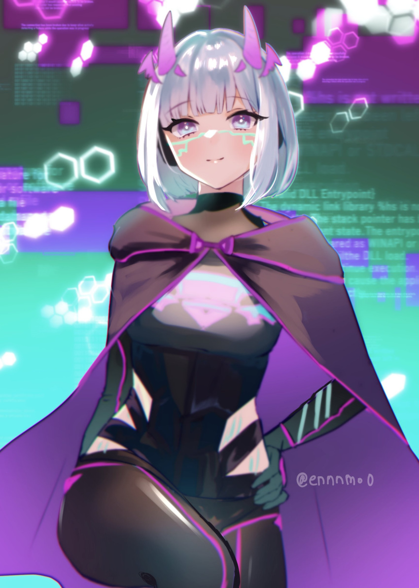 1girl absurdres aqua_eyes black_bodysuit blurry blurry_background bob_cut bodysuit breasts cape detached_horns gradient_hair gradient_horns hair_intakes headphones highres hip_vent hokuhoku@ holographic_horns horns indie_virtual_youtuber large_breasts looking_at_viewer mechanical_arms medium_hair motherv3 multicolored_hair multicolored_horns pink_horns purple_cape purple_eyes purple_horns smile solo tail two-tone_eyes virtual_youtuber