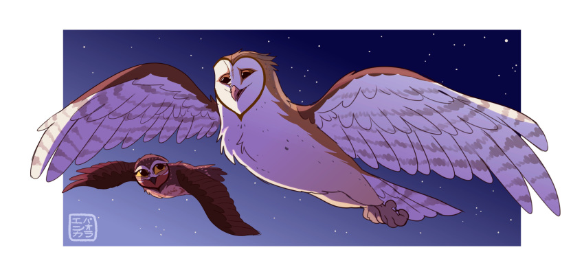 avian barn_owl bird brown_body brown_eyes brown_feathers duo elf_owl feathers female feral flying guardians_of_ga'hoole gylfie hi_res kabuki-aku male night owl soren_(gogh) true_owl tyto tytonid white_body white_feathers yellow_eyes